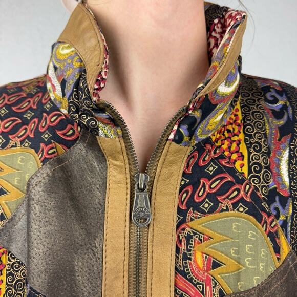 Vintage Tan Genuine Leather Patchwork Scrunched Full Zip Bomber Jacket Size S - Picture 4 of 16